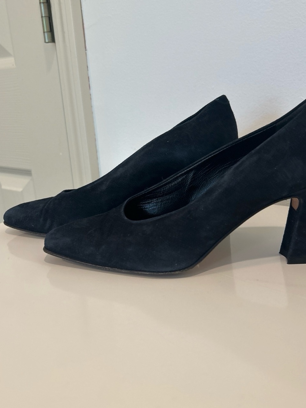 Via Spiga Black Suede Mid Block Heel Pumps